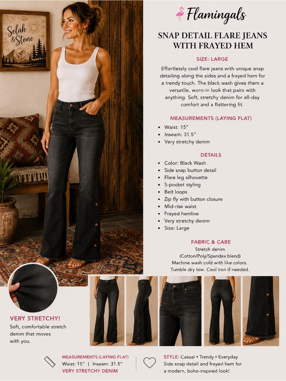 Flamingals Black Wash Snap Detail Flare Jeans with Frayed Hem